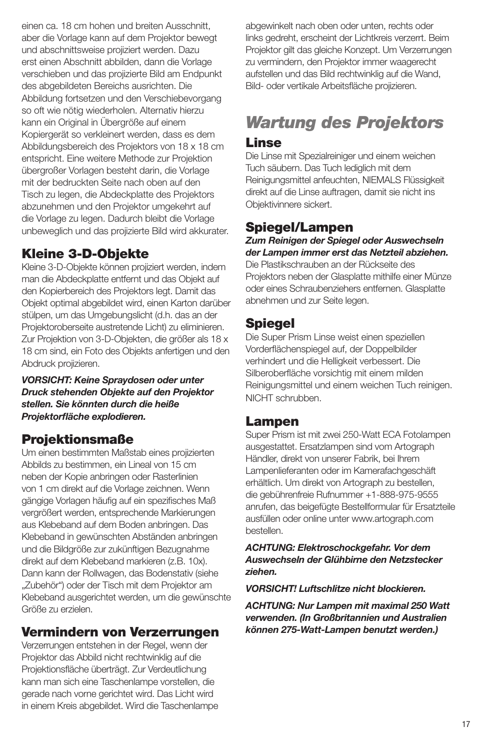 Wartung des projektors, Kleine 3-d-objekte, Projektionsmaße | Vermindern von verzerrungen, Linse, Spiegel/lampen, Spiegel, Lampen | Artograph Super Prism User Manual | Page 17 / 28