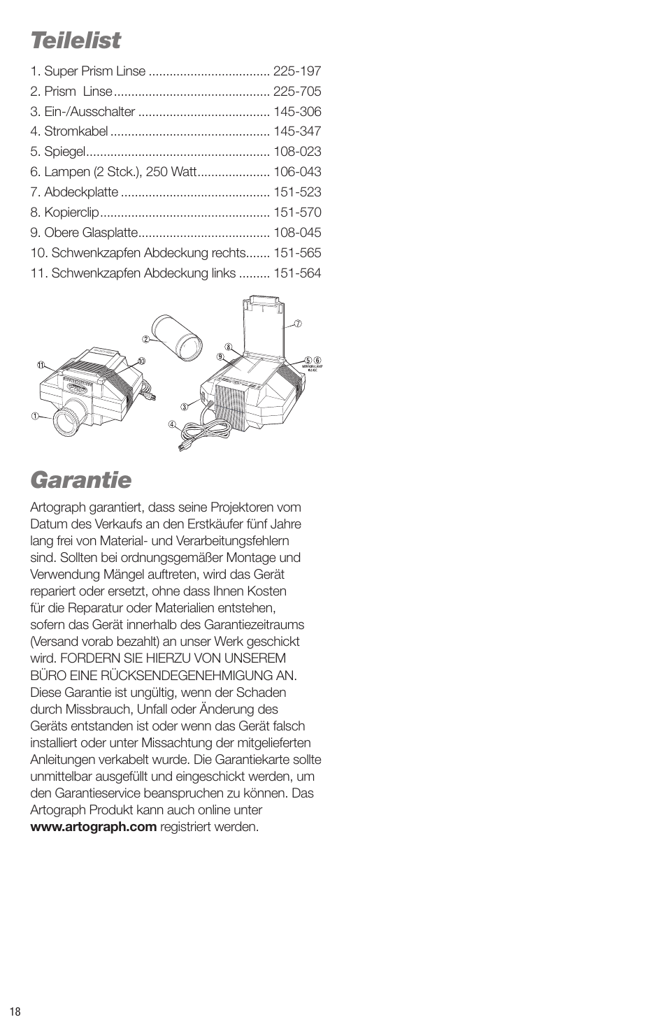 Teilelist, Garantie | Artograph Super Prism User Manual | Page 18 / 28