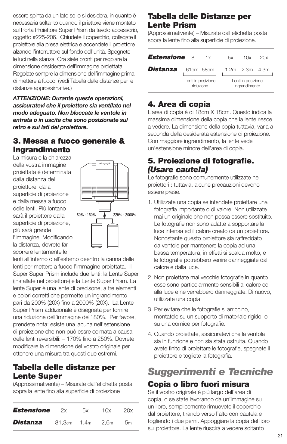 Suggerimenti e tecniche, Messa a fuoco generale & ingrandimento, Tabella delle distanze per lente super | Tabella delle distanze per lente prism, Area di copia, Proiezione di fotografi e. (usare cautela), Copia o libro fuori misura | Artograph Super Prism User Manual | Page 21 / 28