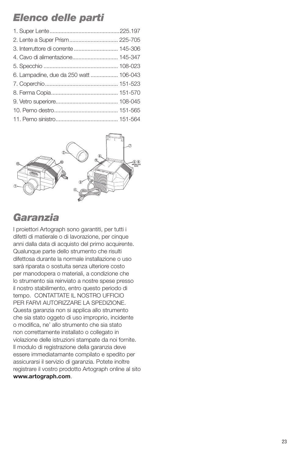 Elenco delle parti, Garanzia | Artograph Super Prism User Manual | Page 23 / 28