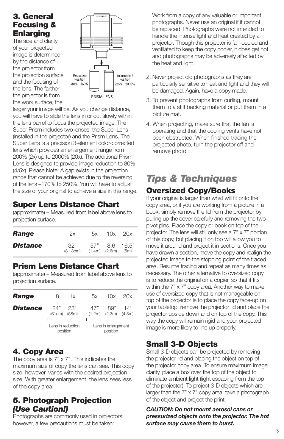 Tips & techniques, General focusing & enlarging, Super lens distance chart | Prism lens distance chart, Copy area, Photograph projection (use caution!), Oversized copy/books, Small 3-d objects | Artograph Super Prism User Manual | Page 3 / 28