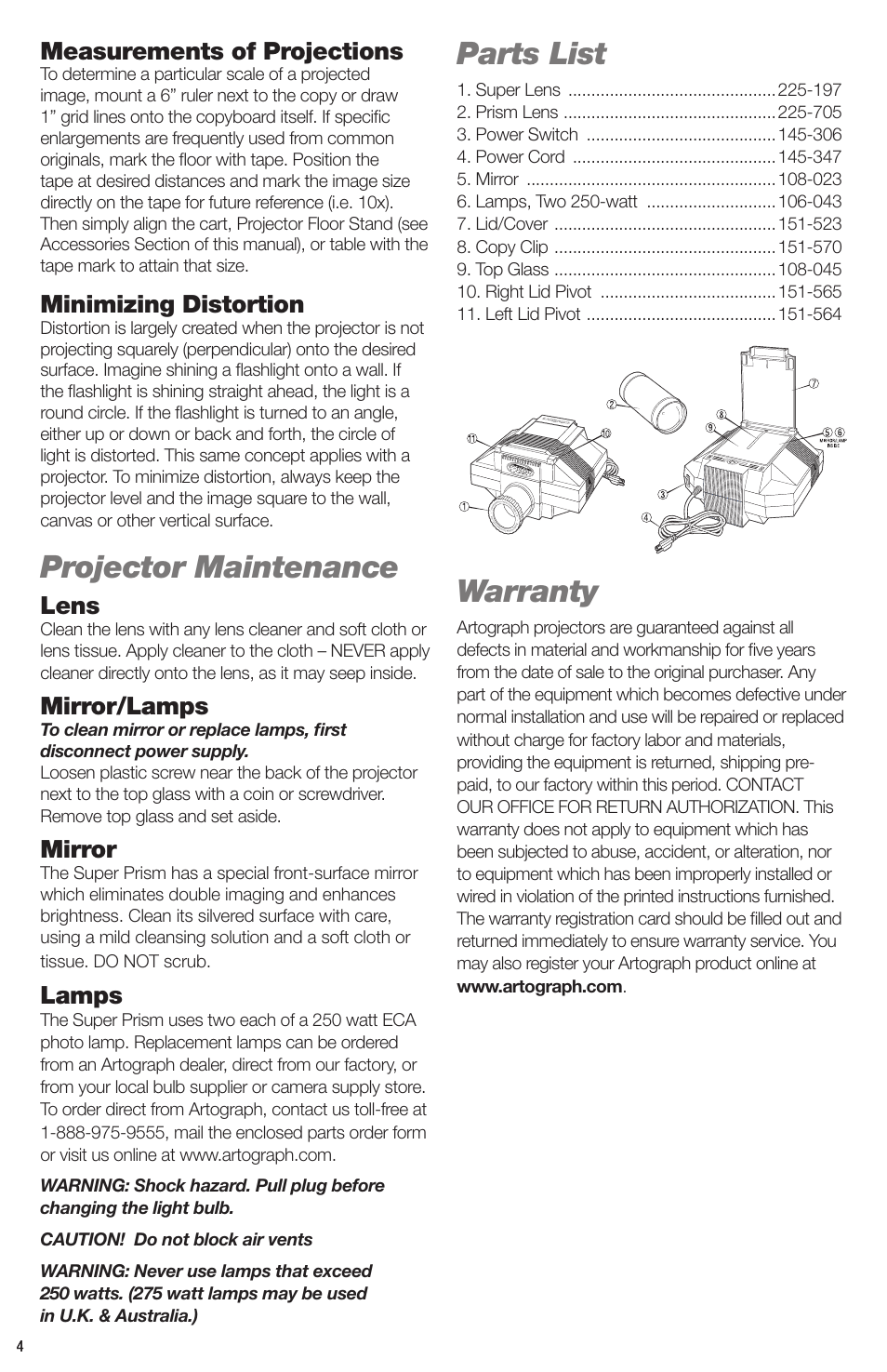 Projector maintenance, Parts list, Warranty | Measurements of projections, Minimizing distortion, Lens, Mirror/lamps, Mirror, Lamps | Artograph Super Prism User Manual | Page 4 / 28