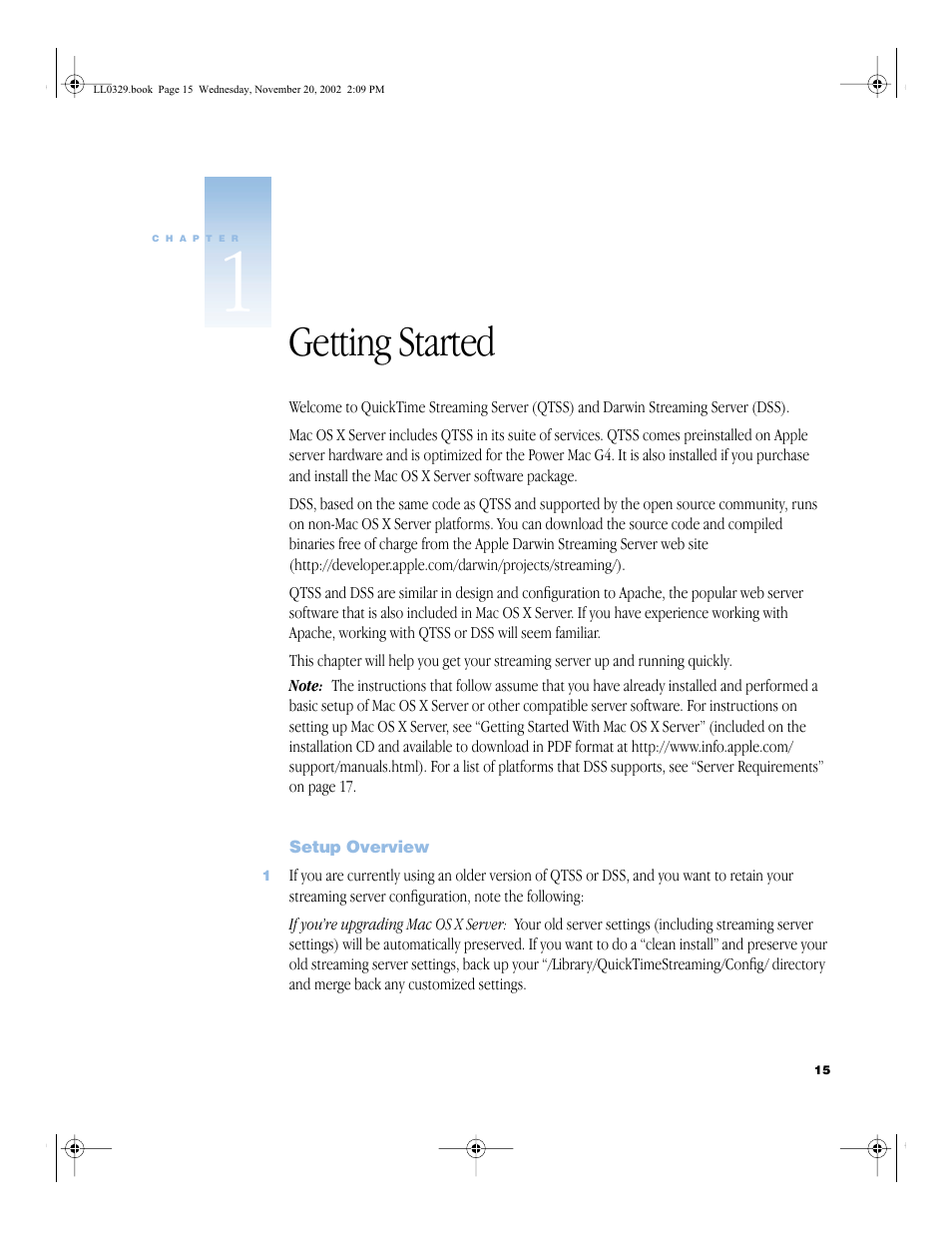 Getting started, Setup overview, Getting started 15 | Setup overview 15 | Apple QuickTime Streaming Server (Administrator’s Guide) User Manual | Page 15 / 86
