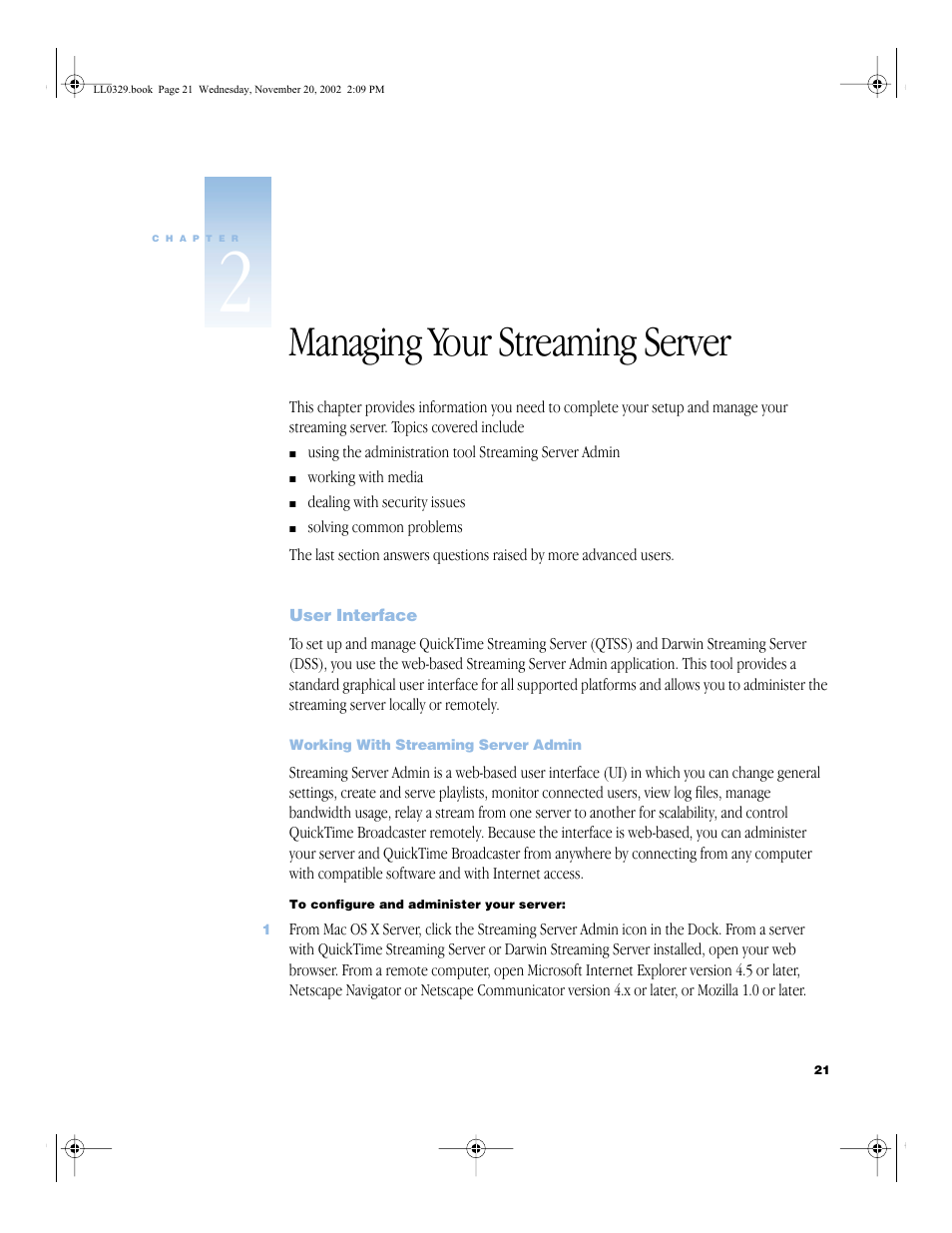 Managing your streaming server, User interface, Working with streaming server admin | Managing your streaming server 21, User interface 21, Working with streaming server admin 21 | Apple QuickTime Streaming Server (Administrator’s Guide) User Manual | Page 21 / 86