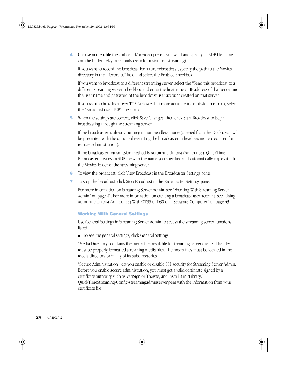 Working with general settings, Working with general settings 24 | Apple QuickTime Streaming Server (Administrator’s Guide) User Manual | Page 24 / 86