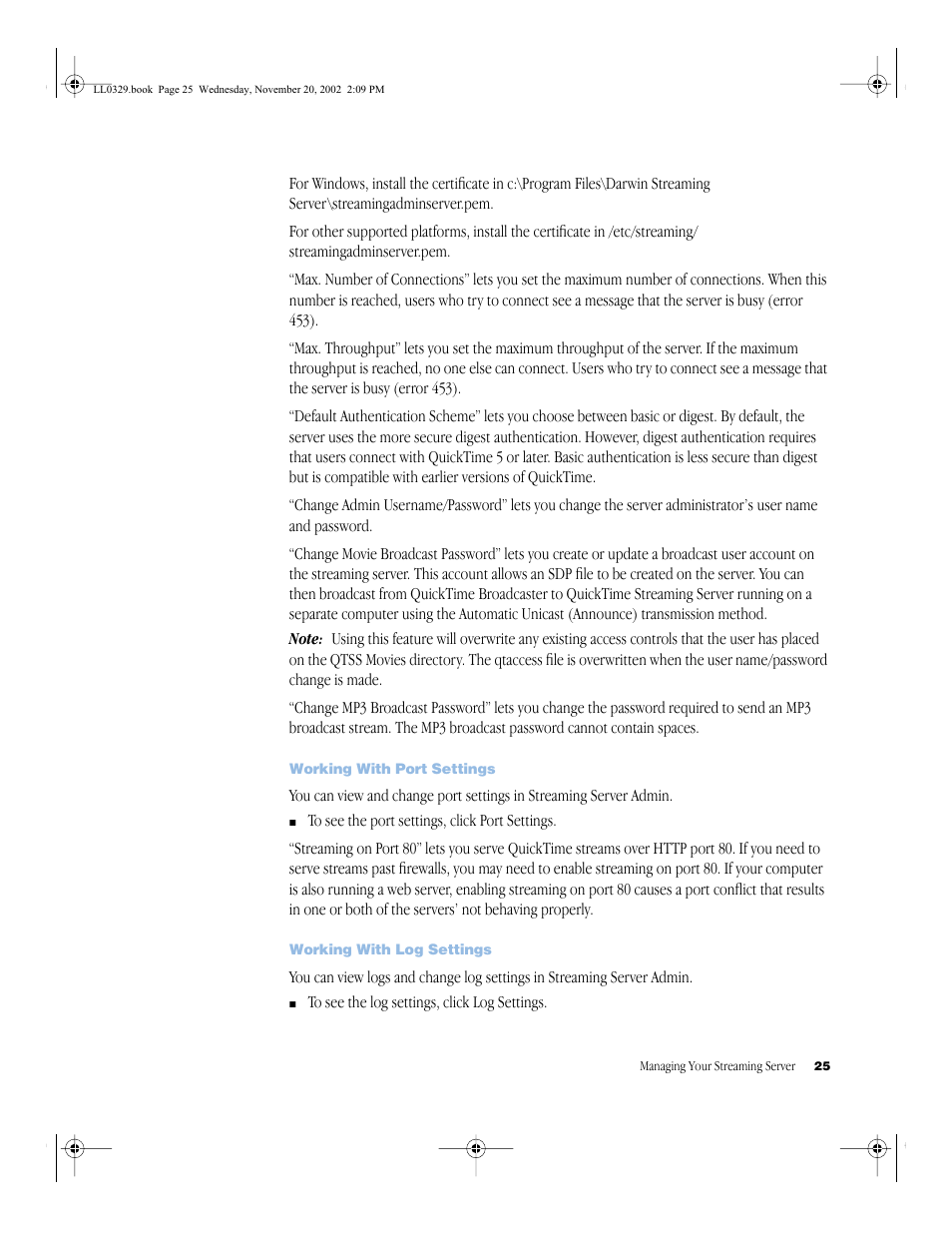 Working with port settings, Working with log settings, Working with port settings 25 | Working with log settings 25 | Apple QuickTime Streaming Server (Administrator’s Guide) User Manual | Page 25 / 86