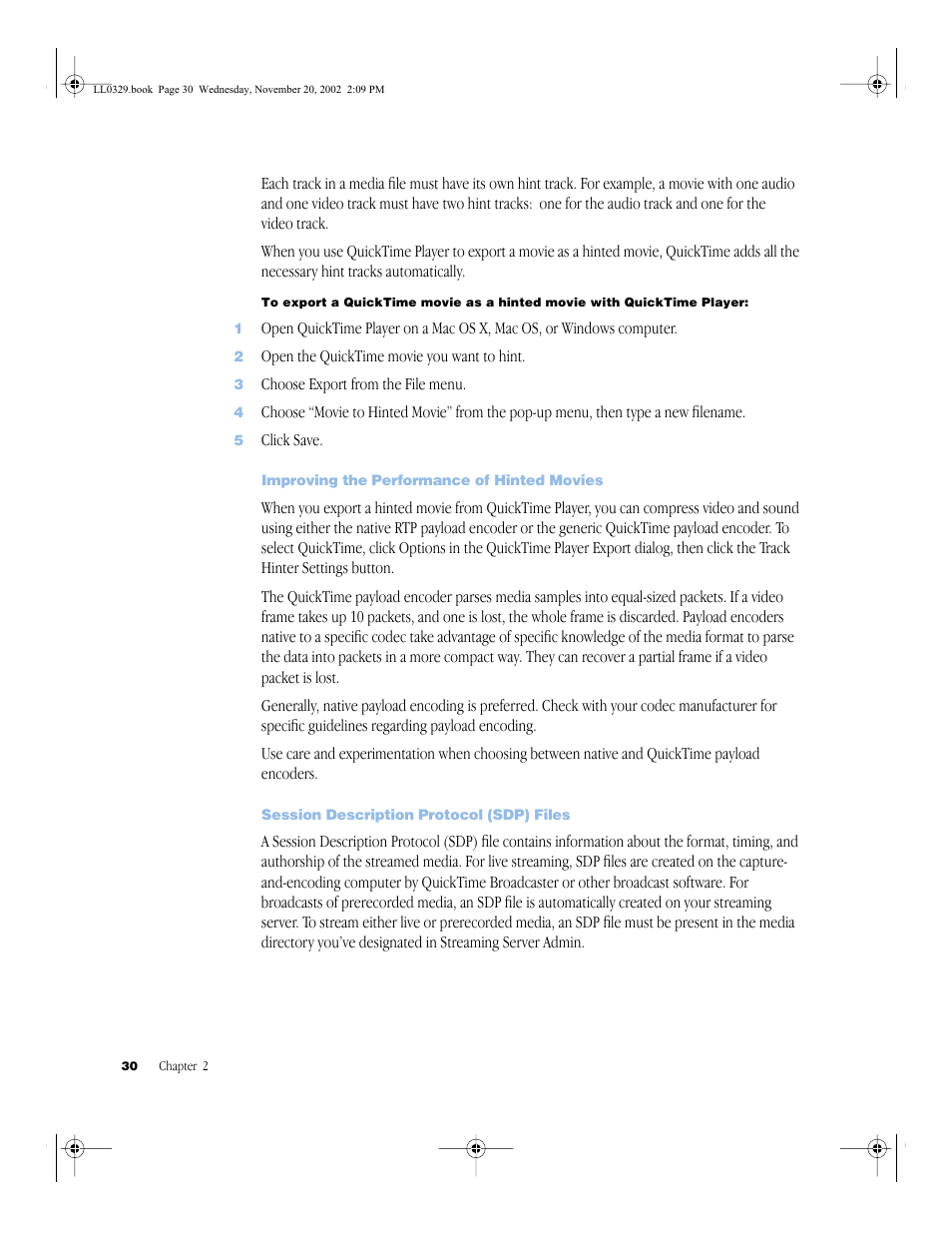 Improving the performance of hinted movies, Session description protocol (sdp) files, Improving the performance of hinted movies 30 | Session description protocol (sdp) files 30 | Apple QuickTime Streaming Server (Administrator’s Guide) User Manual | Page 30 / 86