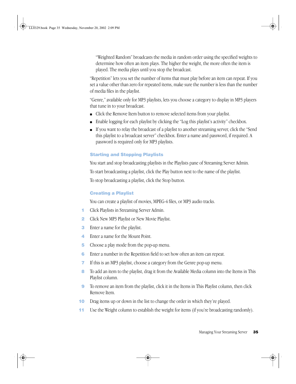 Starting and stopping playlists, Creating a playlist, Starting and stopping playlists 35 | Creating a playlist 35 | Apple QuickTime Streaming Server (Administrator’s Guide) User Manual | Page 35 / 86
