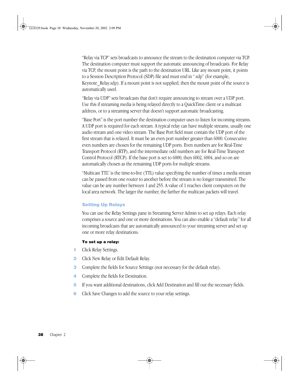 Setting up relays, Setting up relays 38 | Apple QuickTime Streaming Server (Administrator’s Guide) User Manual | Page 38 / 86