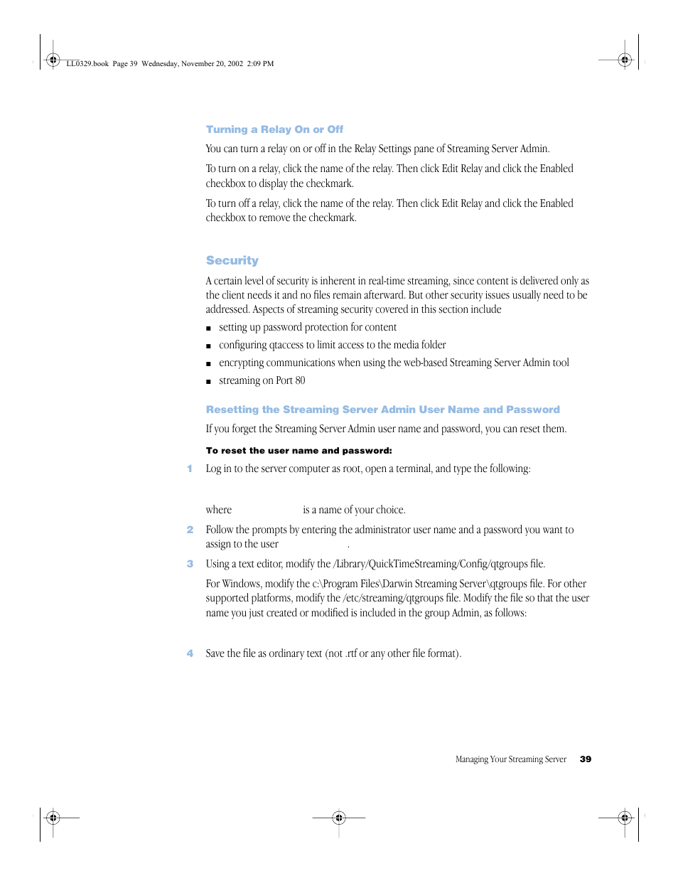 Turning a relay on or off, Security, Turning a relay on or off 39 | Security 39 | Apple QuickTime Streaming Server (Administrator’s Guide) User Manual | Page 39 / 86