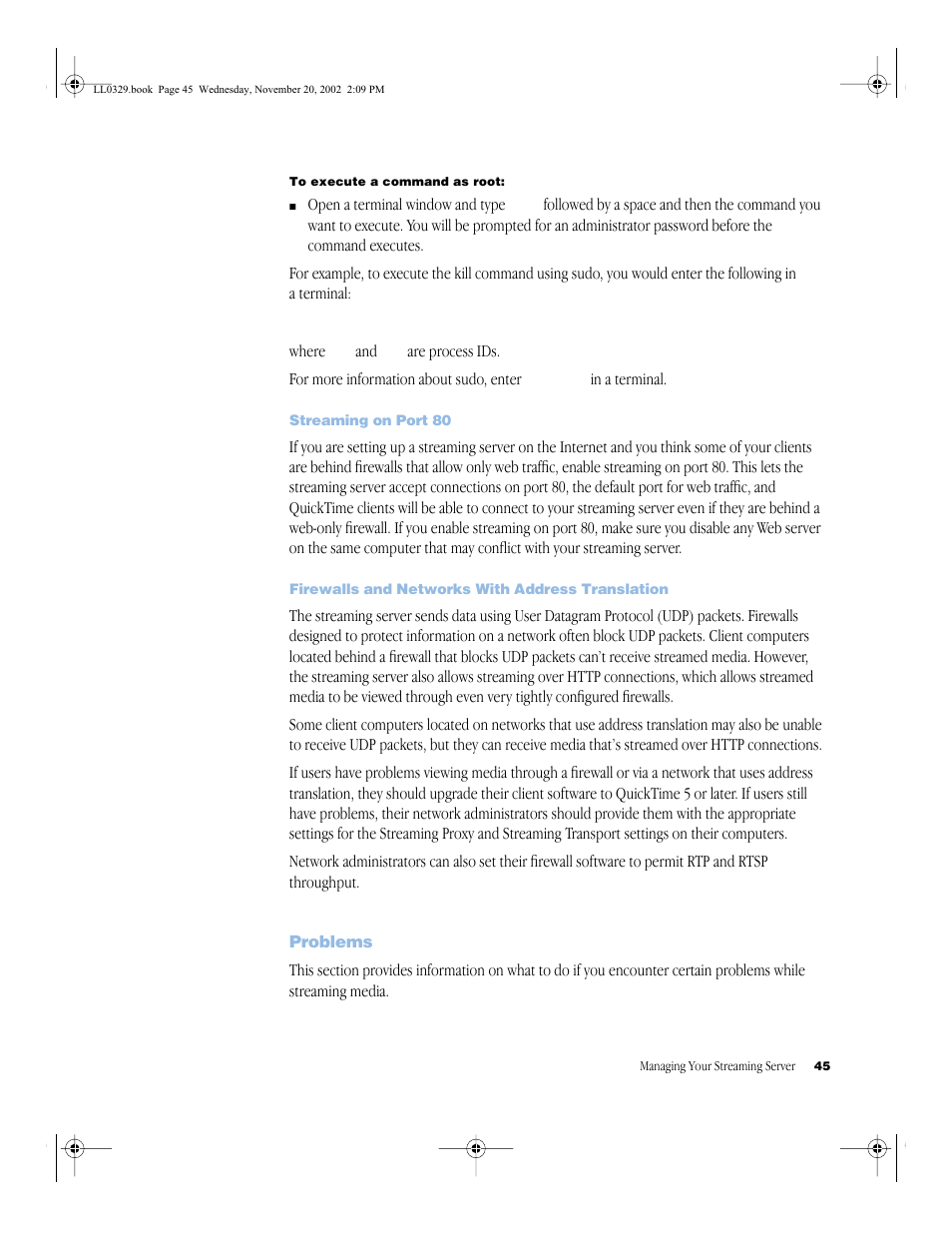 Streaming on port 80, Firewalls and networks with address translation, Problems | Streaming on port 80 45, Firewalls and networks with address translation 45, Problems 45 | Apple QuickTime Streaming Server (Administrator’s Guide) User Manual | Page 45 / 86