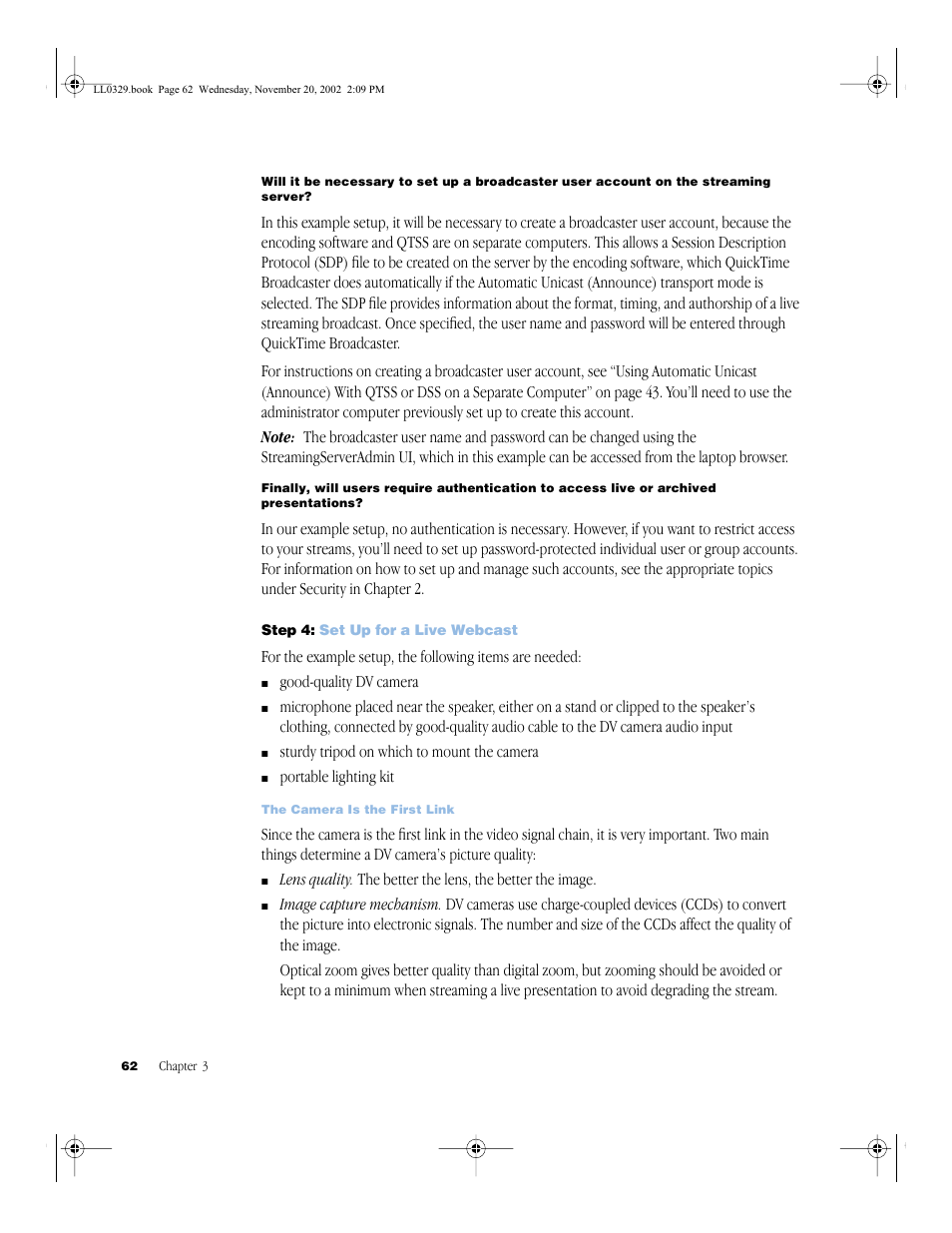 Step 4: set up for a live webcast | Apple QuickTime Streaming Server (Administrator’s Guide) User Manual | Page 62 / 86