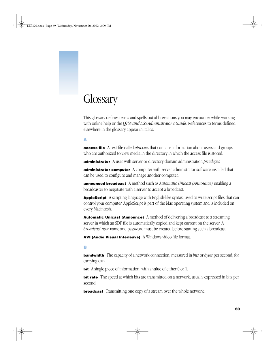 Glossary, Glossary 69 | Apple QuickTime Streaming Server (Administrator’s Guide) User Manual | Page 69 / 86