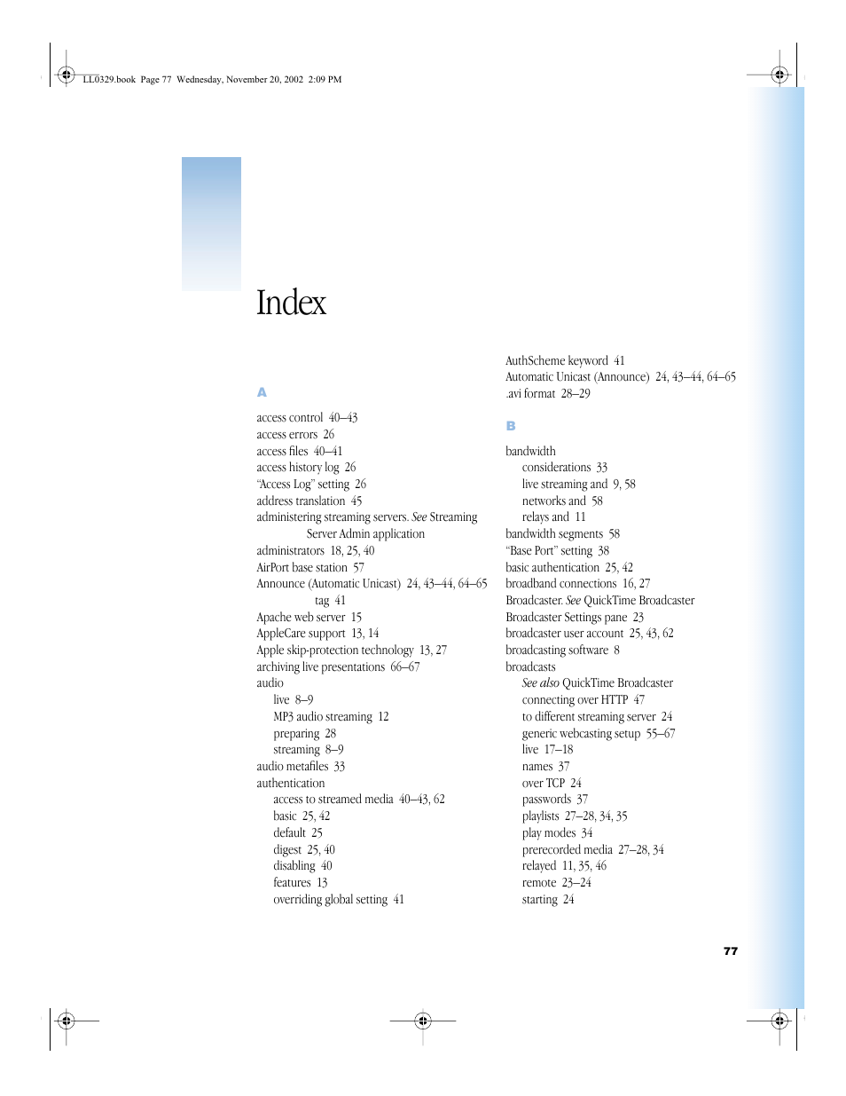 Index, Index 77 | Apple QuickTime Streaming Server (Administrator’s Guide) User Manual | Page 77 / 86