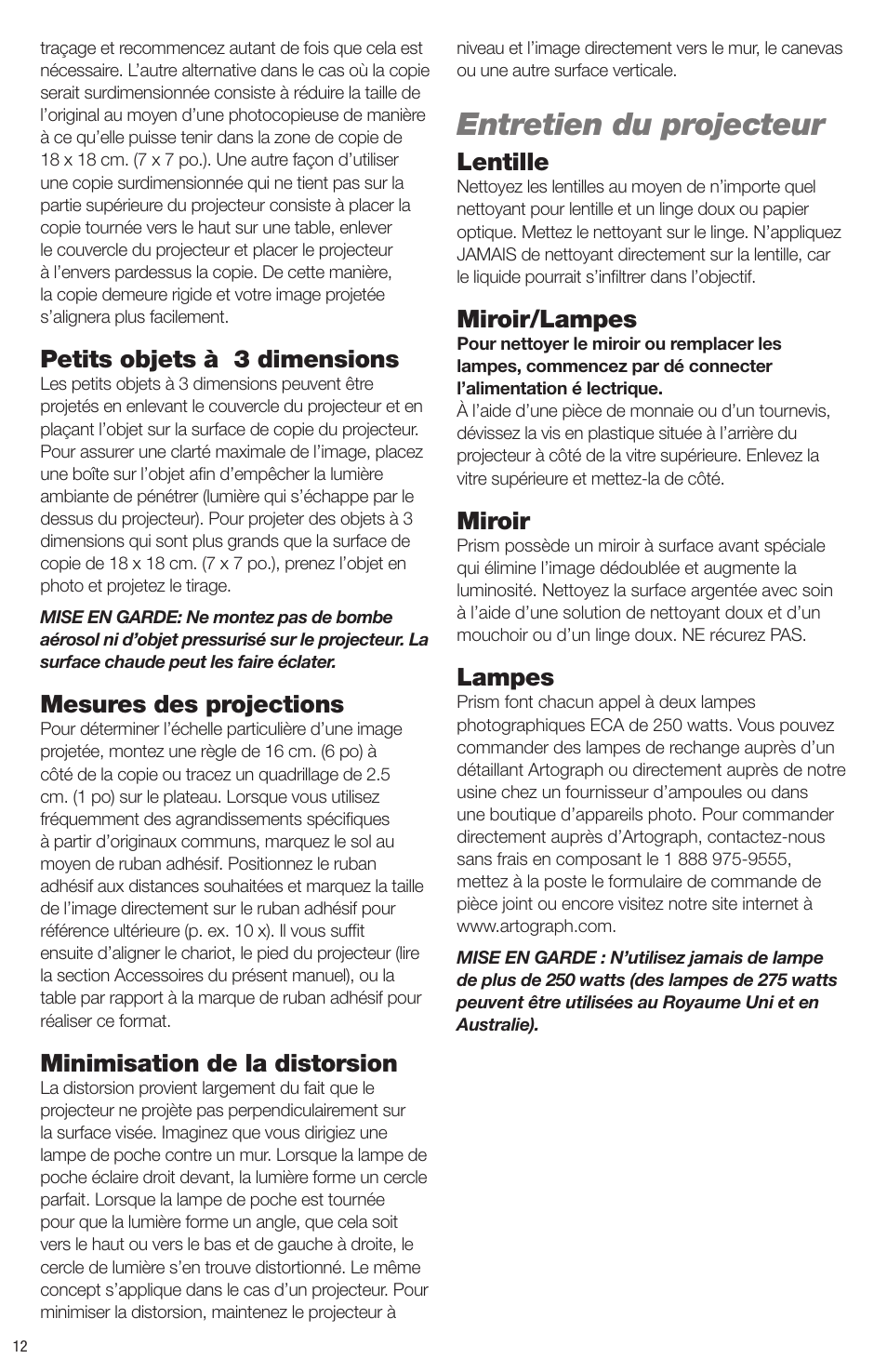 Entretien du projecteur, Petits objets à 3 dimensions, Mesures des projections | Minimisation de la distorsion, Lentille, Miroir/lampes, Miroir, Lampes | Artograph Prism User Manual | Page 12 / 28