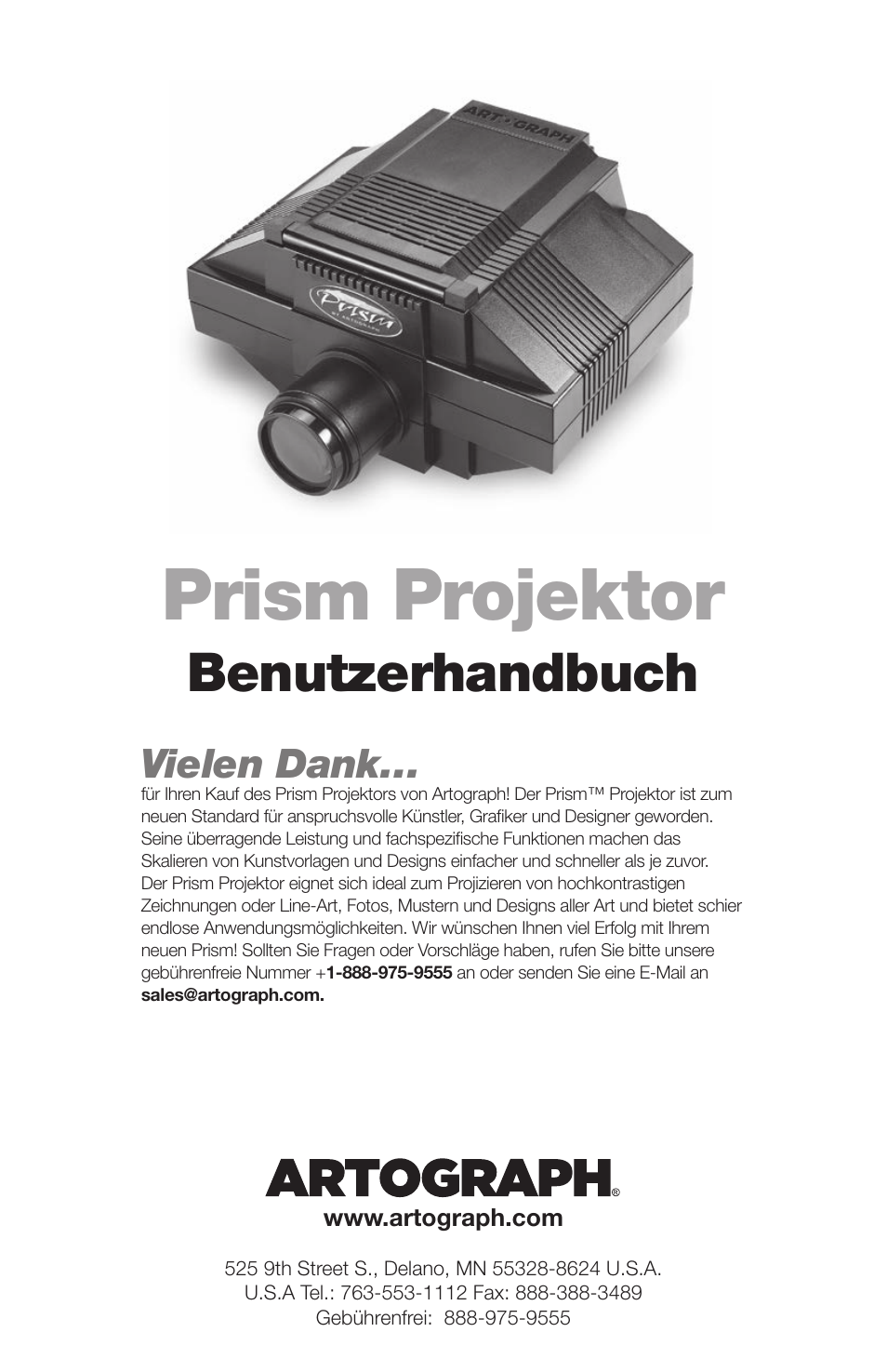 Prism projektor, Benutzerhandbuch, Vielen dank | Artograph Prism User Manual | Page 14 / 28