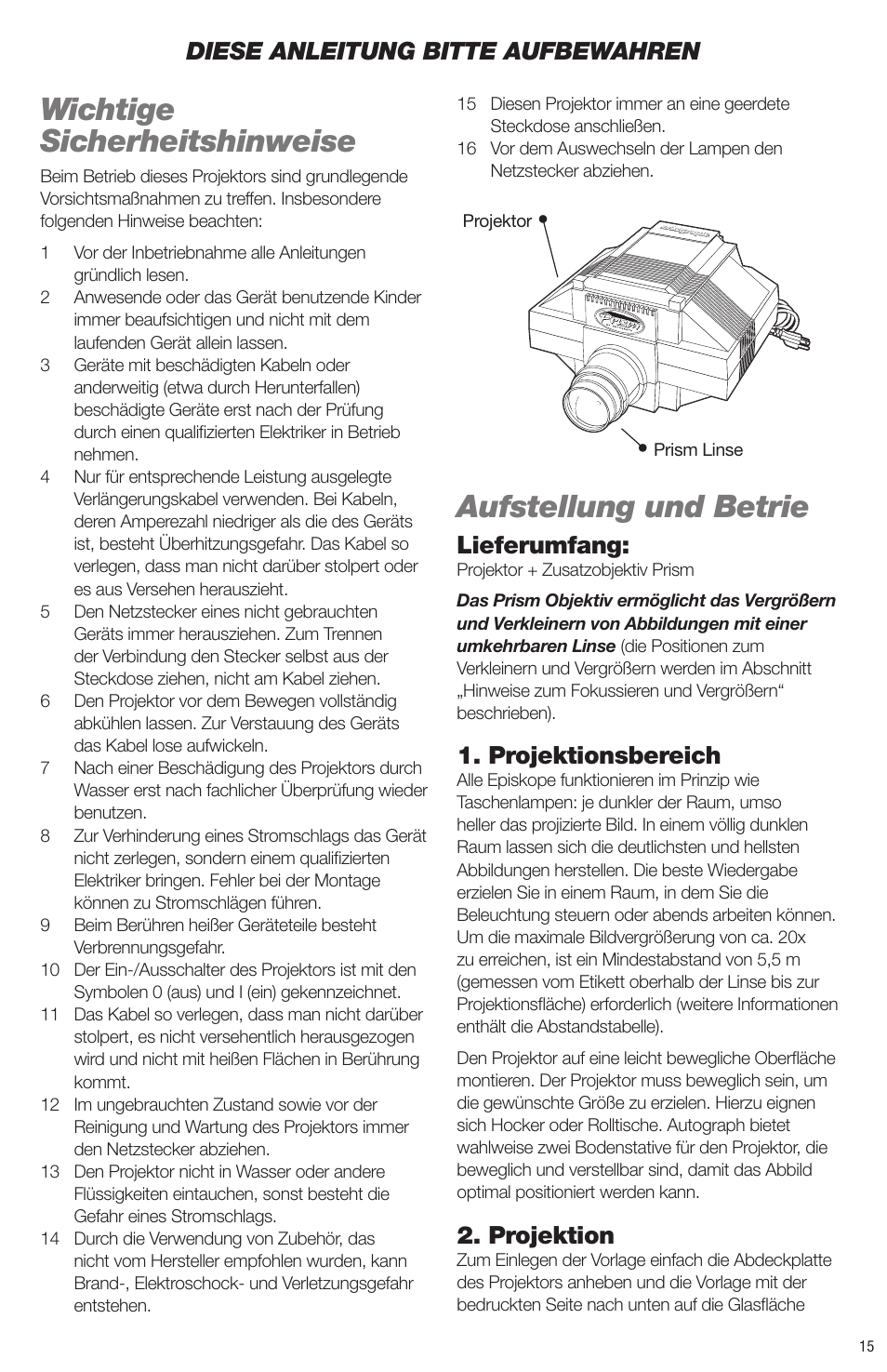 Wichtige sicherheitshinweise, Aufstellung und betrie, Lieferumfang | Projektionsbereich, Projektion, Diese anleitung bitte aufbewahren | Artograph Prism User Manual | Page 15 / 28