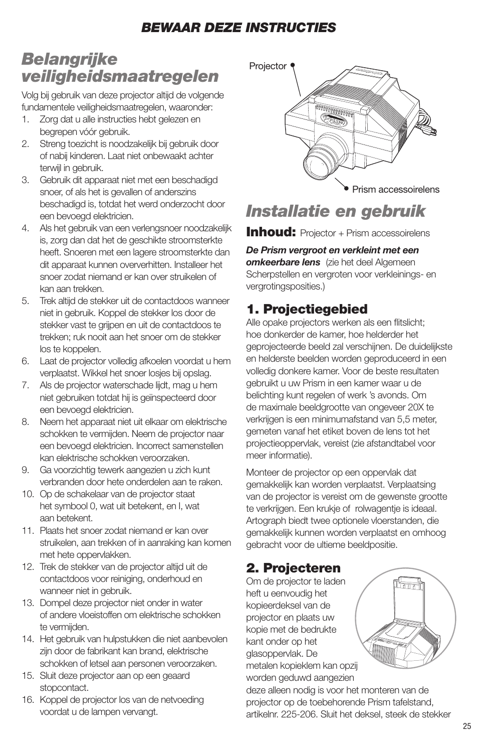 Belangrijke veiligheidsmaatregelen, Installatie en gebruik, Inhoud | Projectiegebied, Projecteren, Bewaar deze instructies | Artograph Prism User Manual | Page 25 / 28