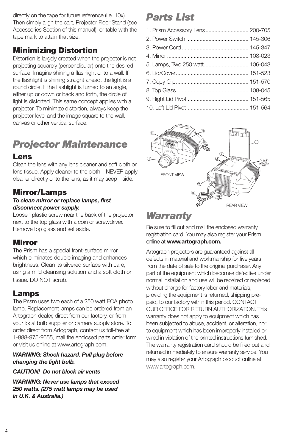 Projector maintenance, Parts list, Warranty | Minimizing distortion, Lens, Mirror/lamps, Mirror, Lamps | Artograph Prism User Manual | Page 4 / 28