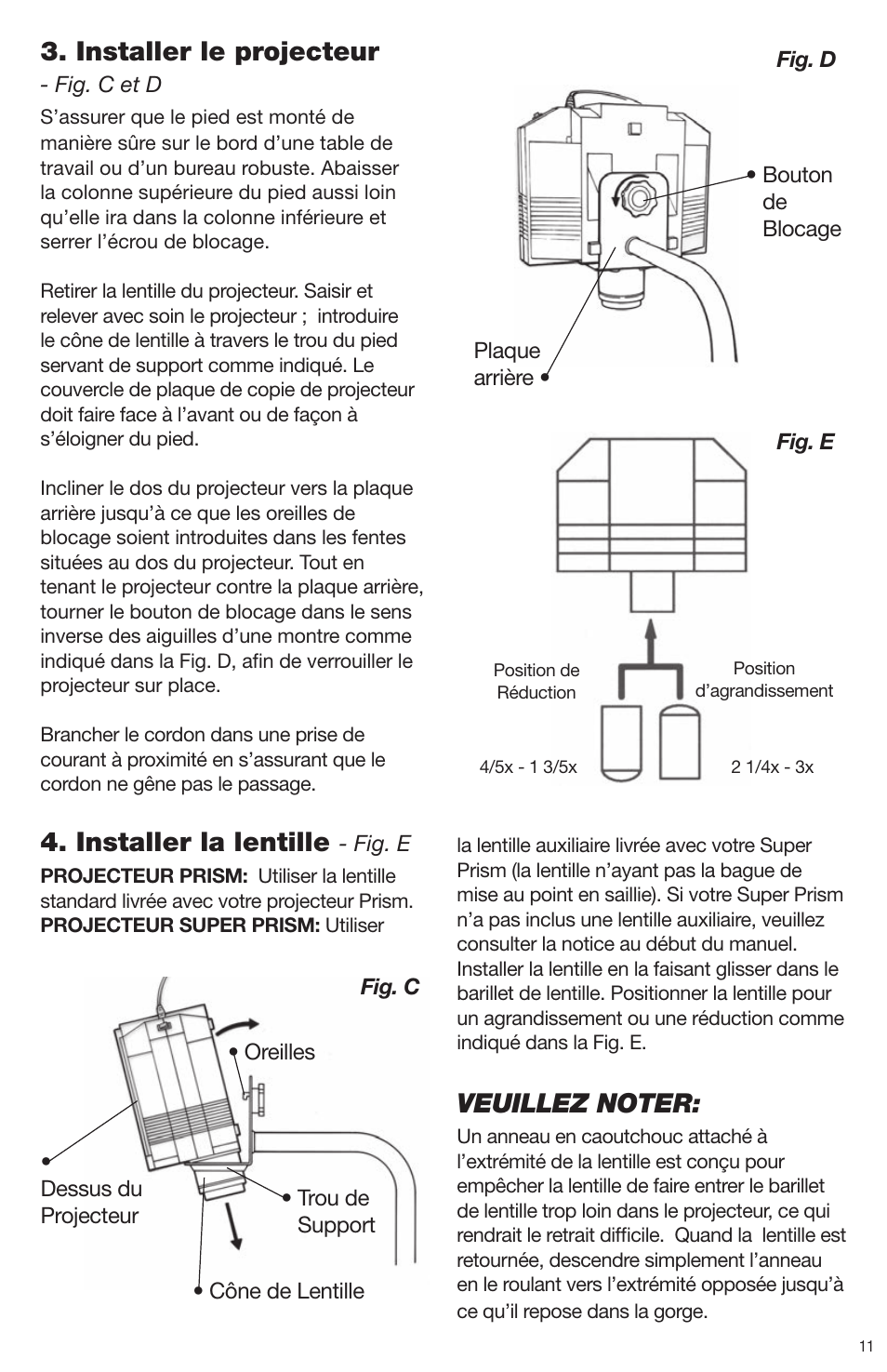 Installer le projecteur, Installer la lentille | Artograph Prism Table Stand (225-206) User Manual | Page 11 / 24