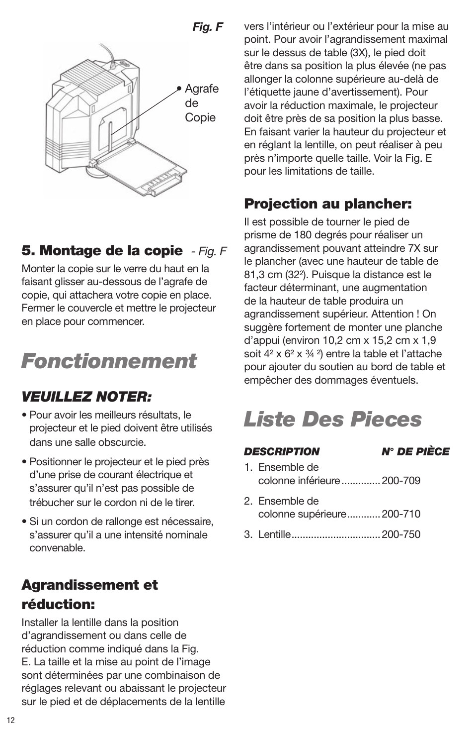 Fonctionnement, Liste des pieces, Montage de la copie | Agrandissement et réduction, Projection au plancher | Artograph Prism Table Stand (225-206) User Manual | Page 12 / 24