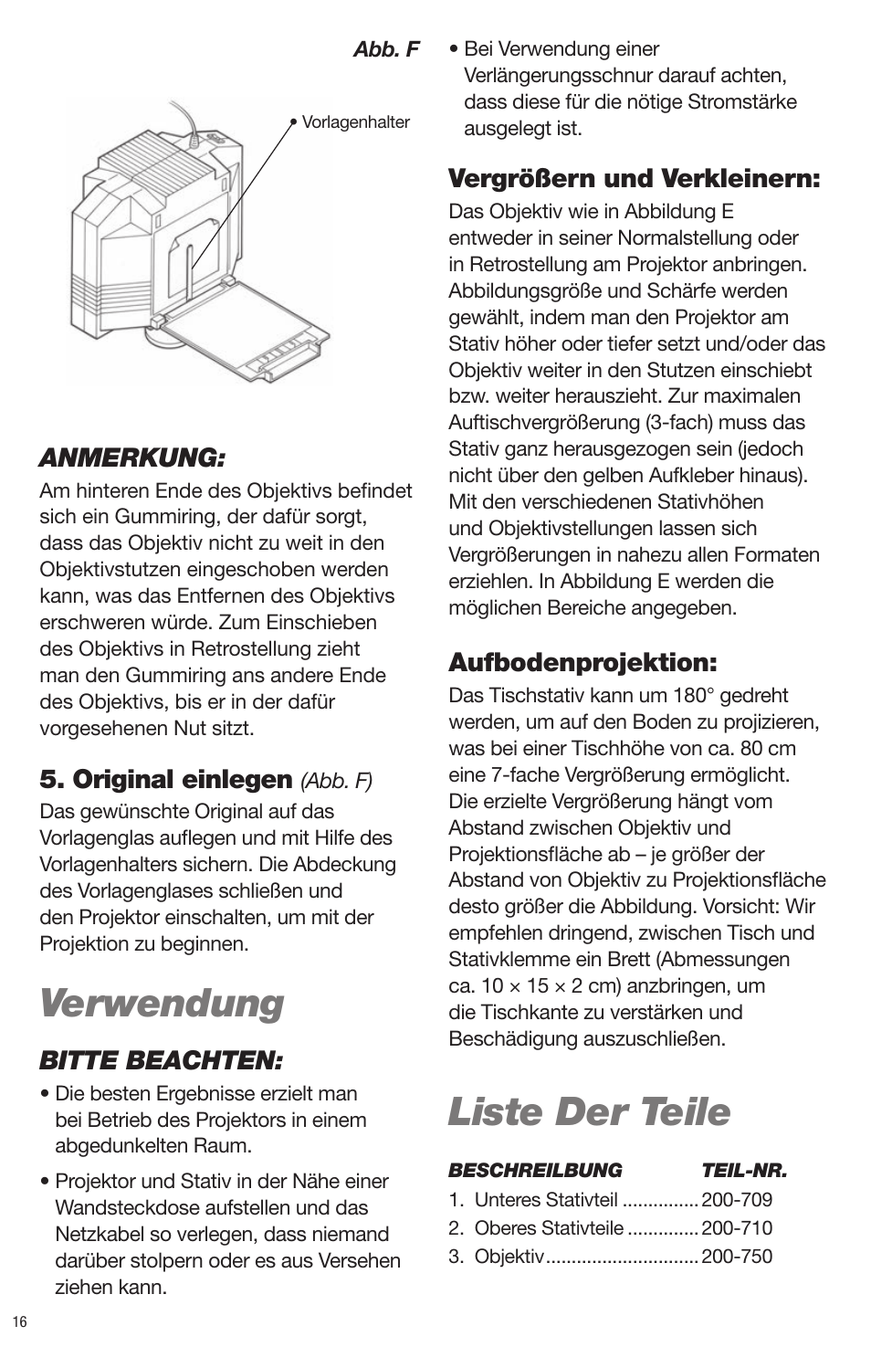 Verwendung, Liste der teile, Anmerkung | Original einlegen, Bitte beachten, Vergrößern und verkleinern, Aufbodenprojektion | Artograph Prism Table Stand (225-206) User Manual | Page 16 / 24