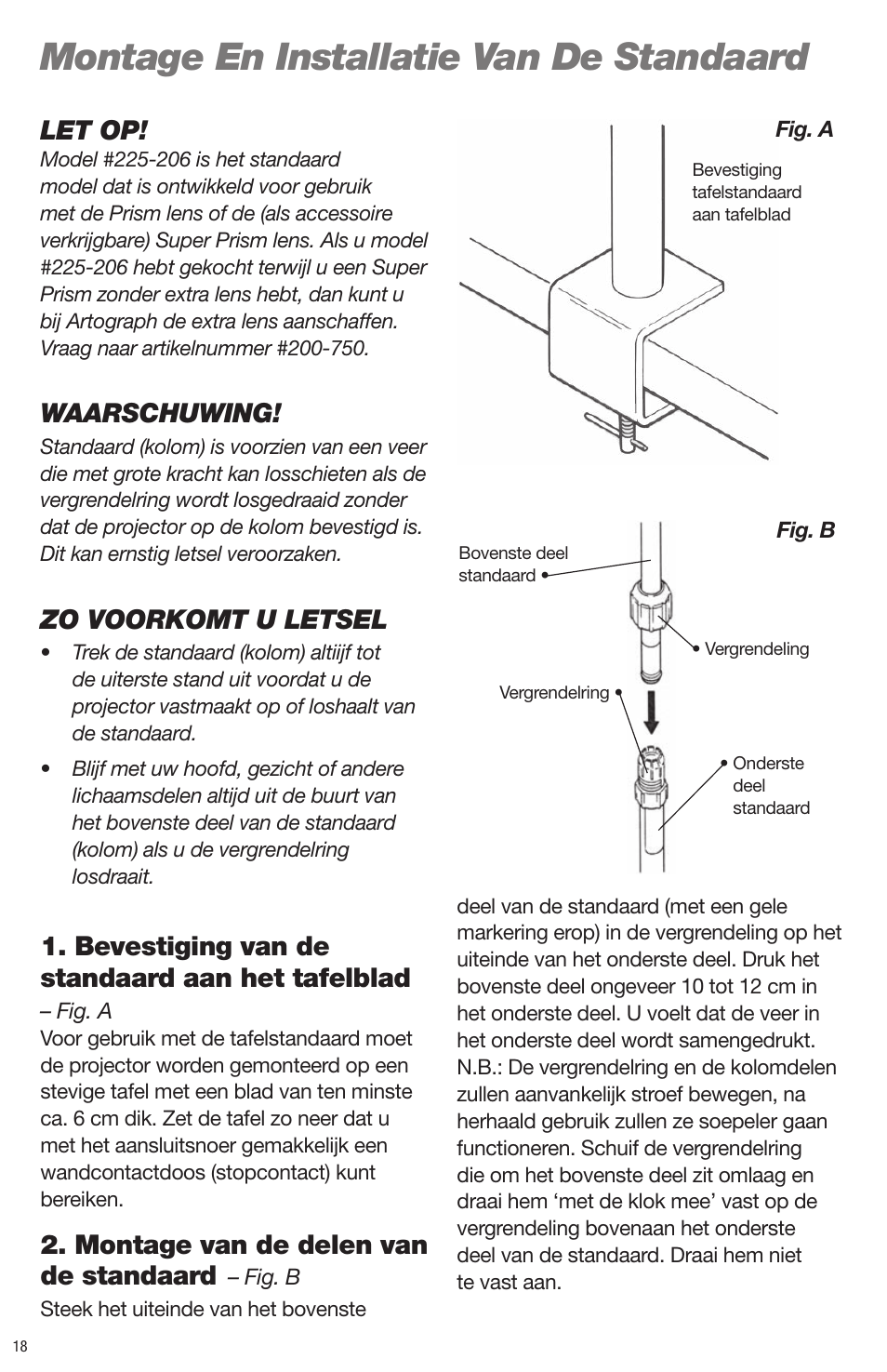 Montage en installatie van de standaard, Let op, Waarschuwing | Zo voorkomt u letsel, Bevestiging van de standaard aan het tafelblad, Montage van de delen van de standaard | Artograph Prism Table Stand (225-206) User Manual | Page 18 / 24