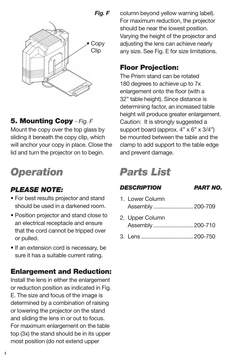 Operation, Parts list | Artograph Prism Table Stand (225-206) User Manual | Page 4 / 24