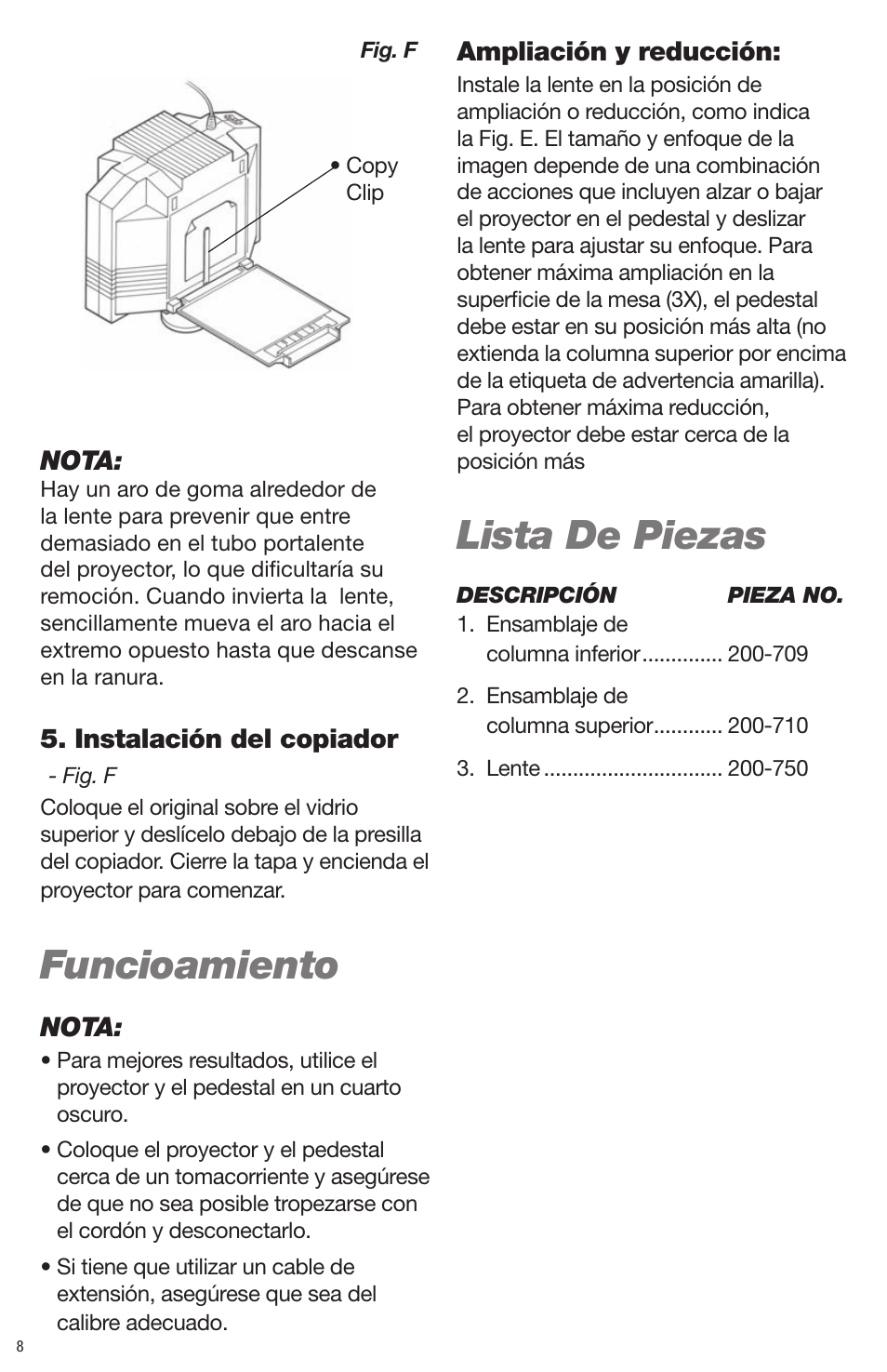 Funcioamiento, Lista de piezas | Artograph Prism Table Stand (225-206) User Manual | Page 8 / 24