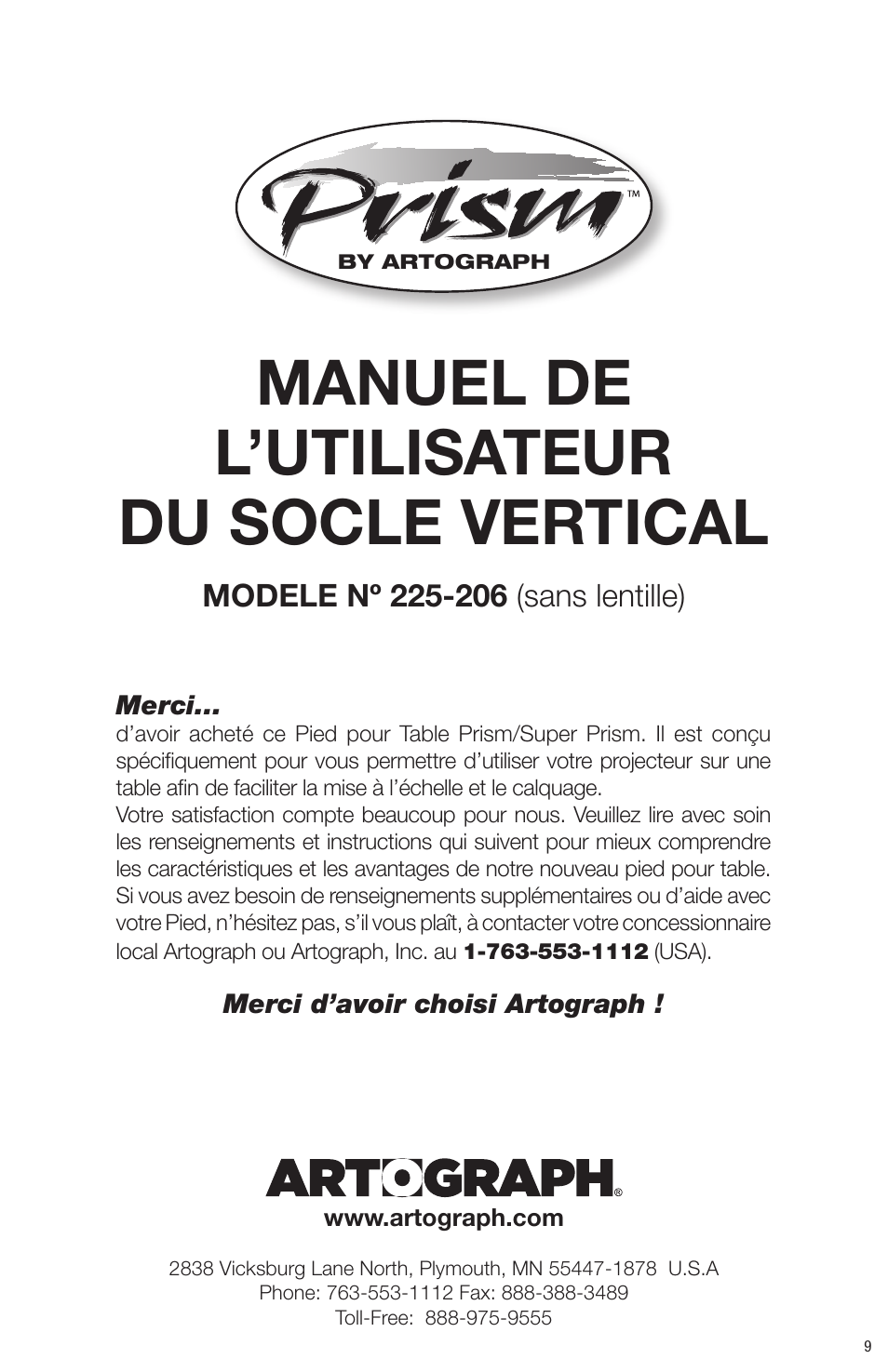 Manuel de l’utilisateur du socle vertical | Artograph Prism Table Stand (225-206) User Manual | Page 9 / 24