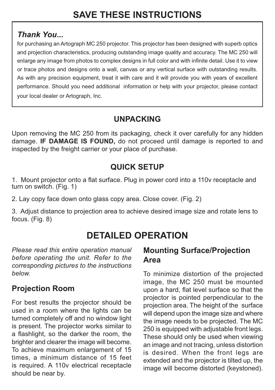 Save these instructions, Detailed operation, Mounting surface/projection area | Unpacking, Quick setup, Projection room | Artograph MC250 User Manual | Page 2 / 6