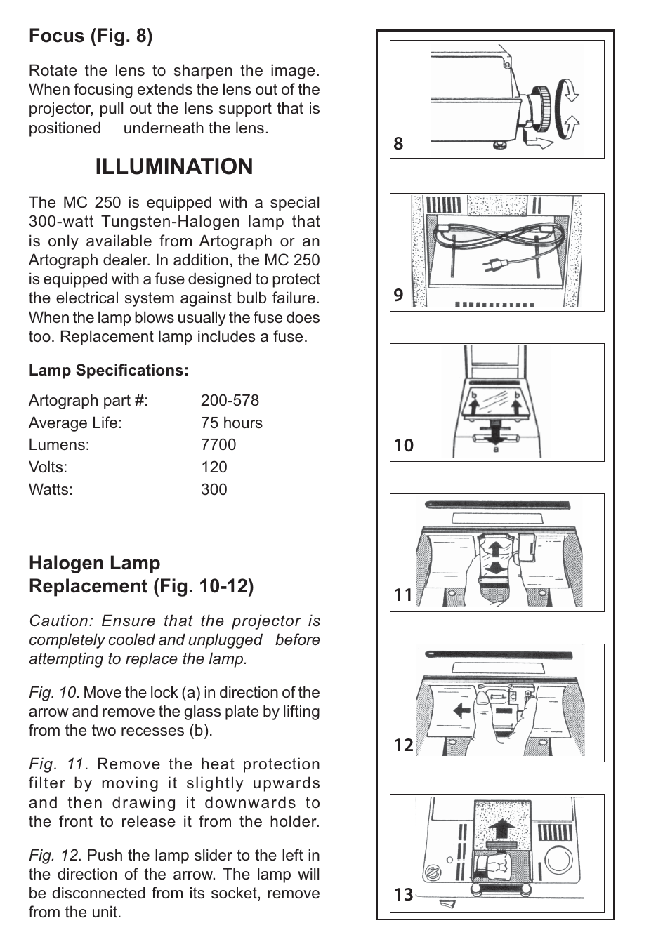 Illumination, Halogen lamp replacement (fig. 10-12) | Artograph MC250 User Manual | Page 4 / 6