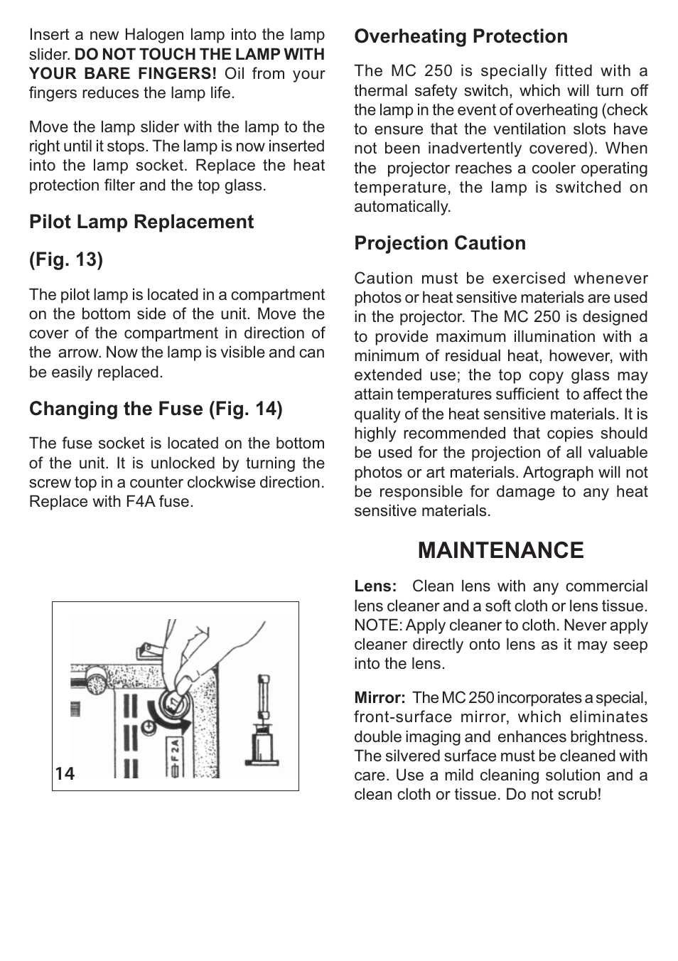 Maintenance | Artograph MC250 User Manual | Page 5 / 6