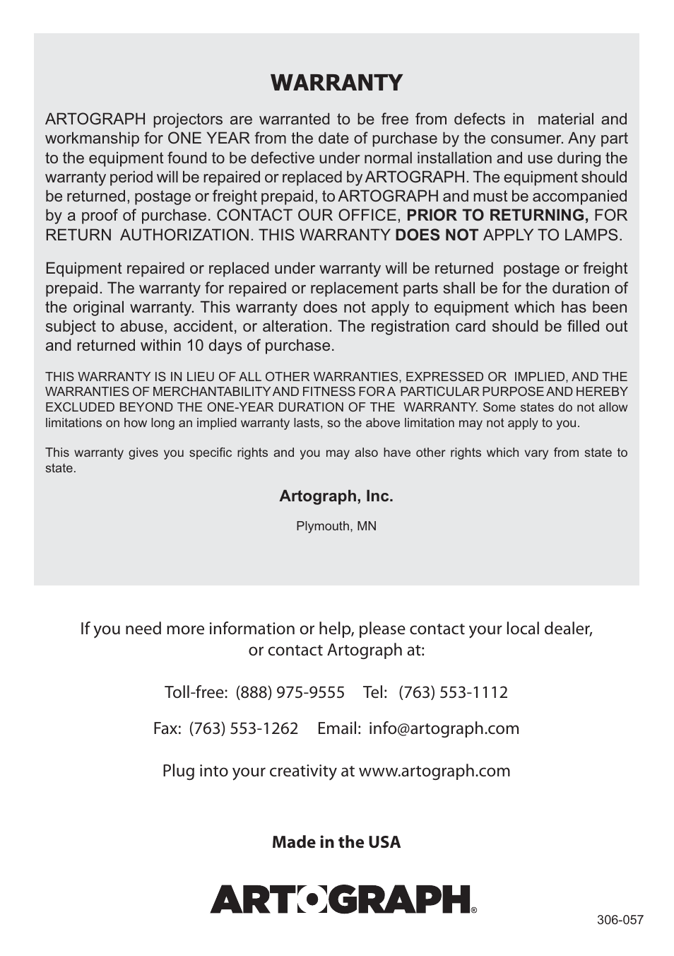 Warranty | Artograph MC250 User Manual | Page 6 / 6