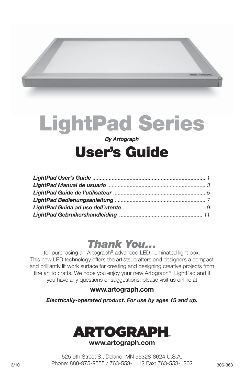 Artograph LightPad Series Light Boxes User Manual | 12 pages