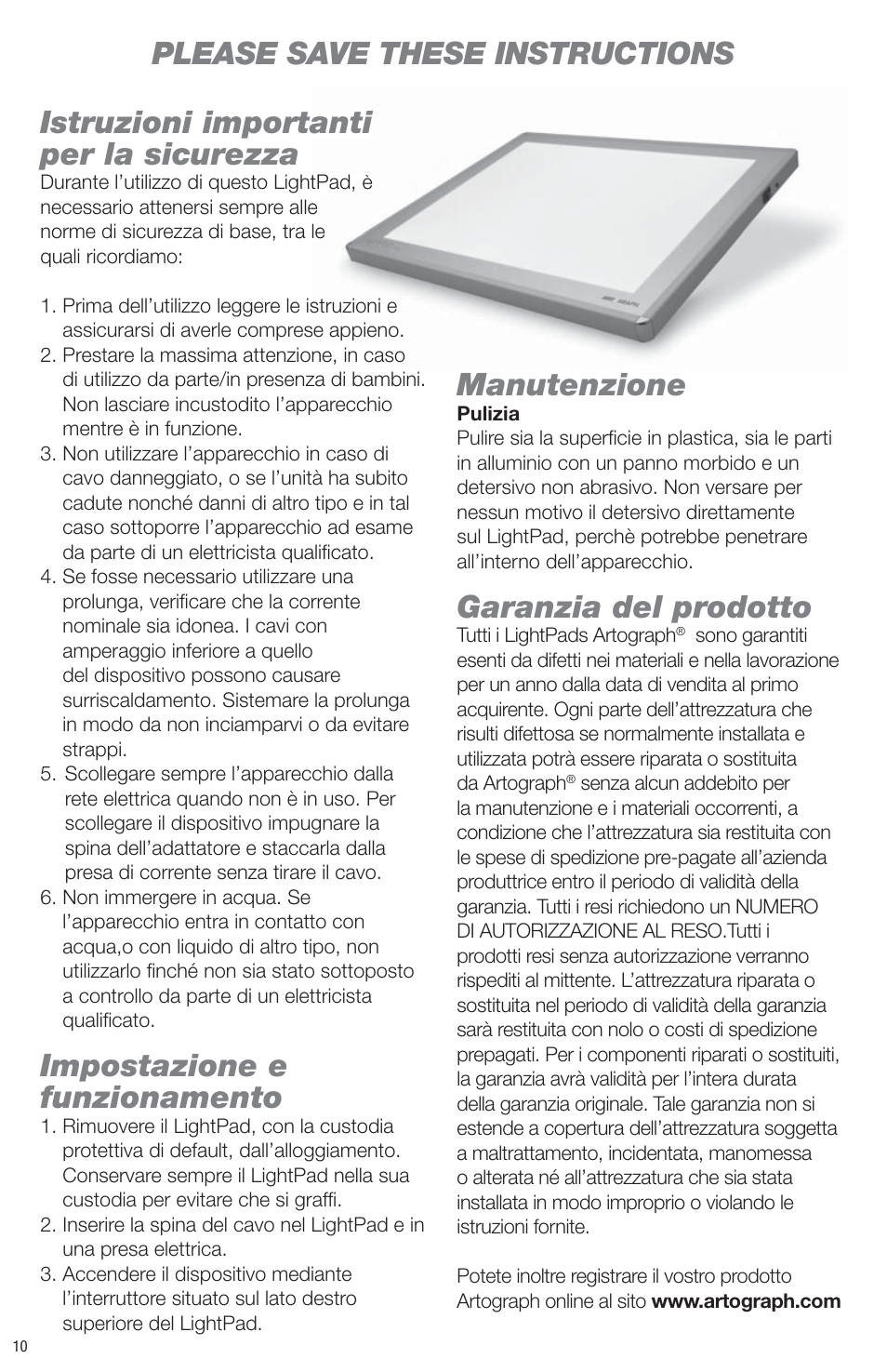 Please save these instructions, Istruzioni importanti per la sicurezza, Impostazione e funzionamento | Manutenzione, Garanzia del prodotto, Anti | Artograph LightPad Series Light Boxes User Manual | Page 10 / 12