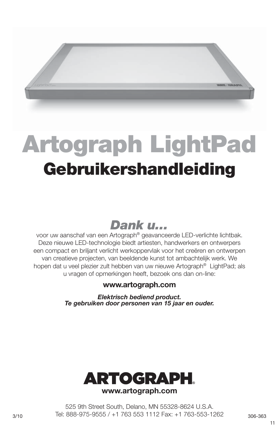 Artograph lightpad, Gebruikershandleiding, Dank u | Artograph LightPad Series Light Boxes User Manual | Page 11 / 12