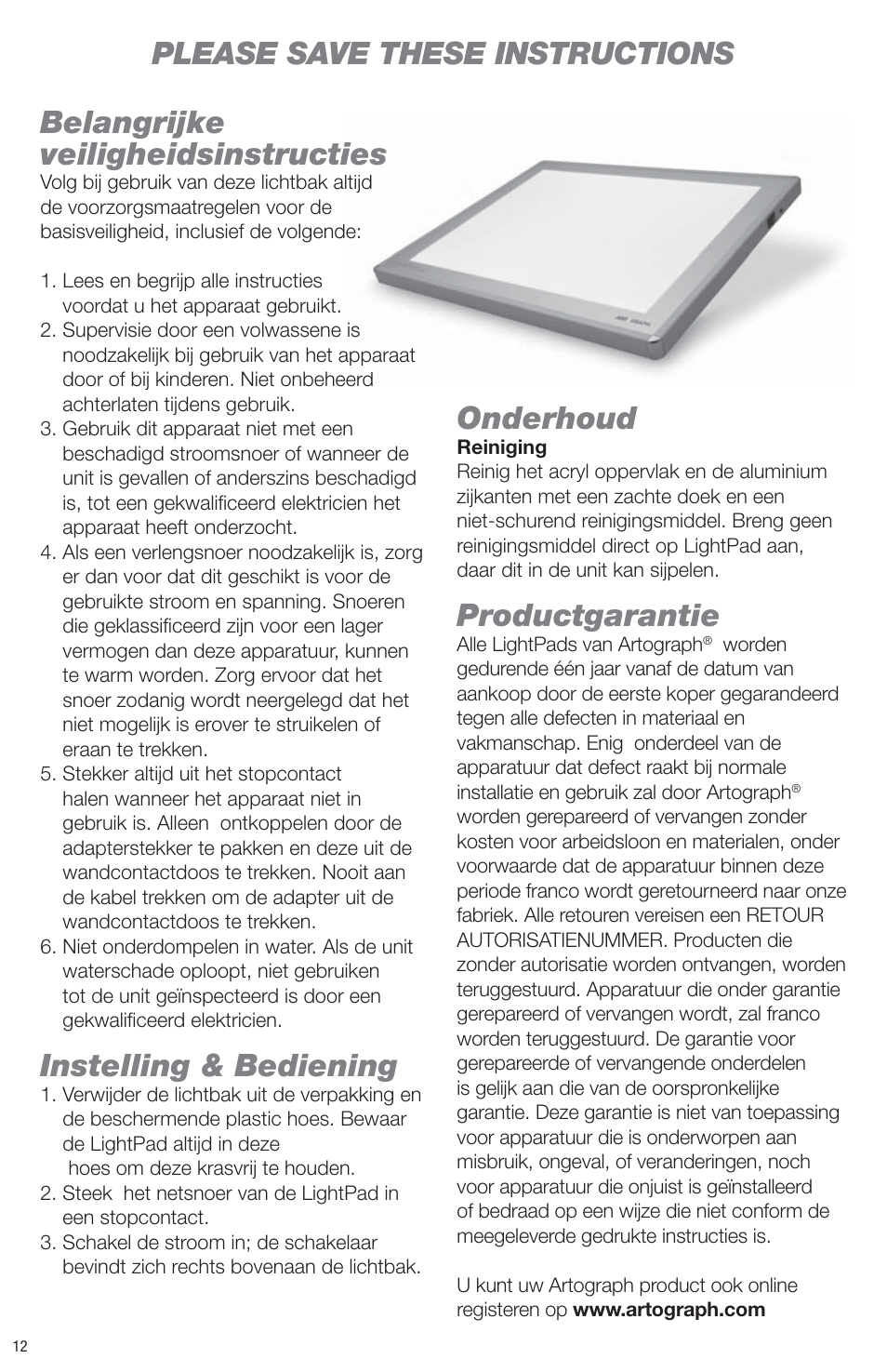 Please save these instructions, Belangrijke veiligheidsinstructies, Instelling & bediening | Onderhoud, Productgarantie | Artograph LightPad Series Light Boxes User Manual | Page 12 / 12