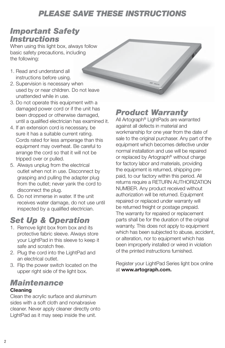 Important safety instructions, Set up & operation, Maintenance | Product warranty, Please save these instructions | Artograph LightPad Series Light Boxes User Manual | Page 2 / 12