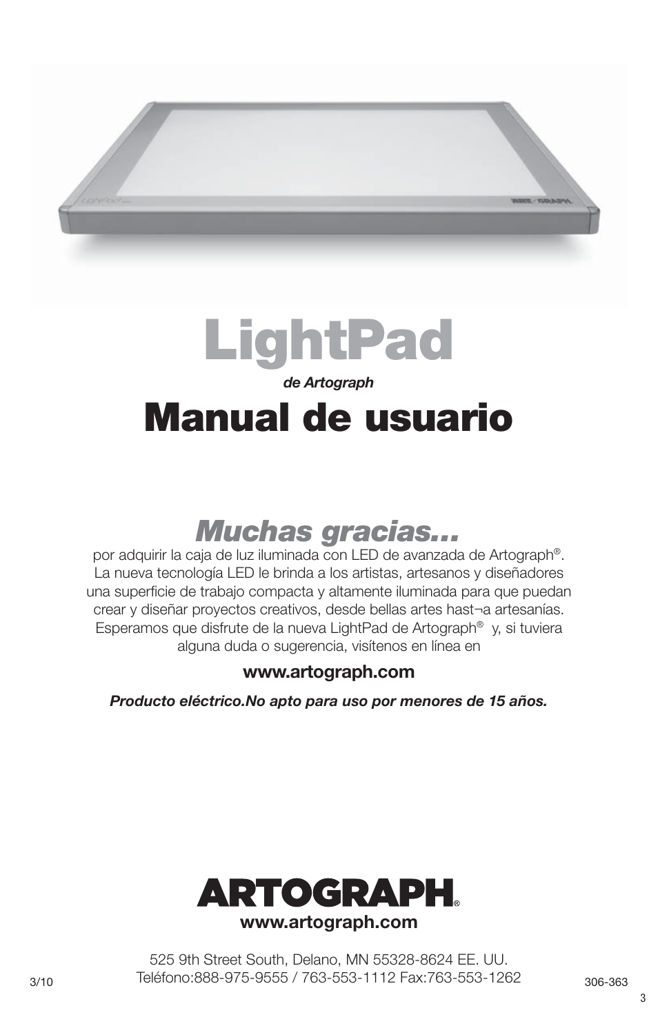 Lightpad, Manual de usuario, Muchas gracias | Artograph LightPad Series Light Boxes User Manual | Page 3 / 12