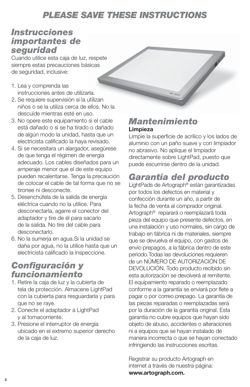 Instrucciones importantes de seguridad, Confi guración y funcionamiento, Mantenimiento | Garantía del producto, Please save these instructions | Artograph LightPad Series Light Boxes User Manual | Page 4 / 12