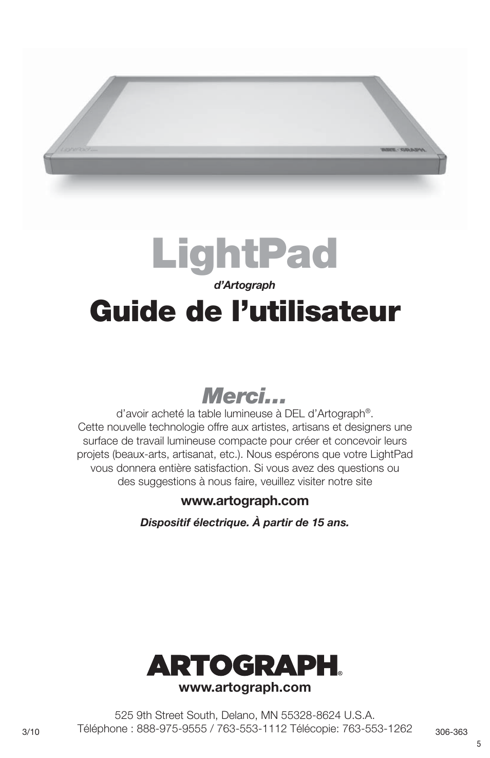 Lightpad, Guide de l’utilisateur, Merci | Artograph LightPad Series Light Boxes User Manual | Page 5 / 12