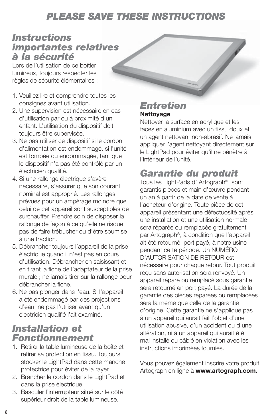 Please save these instructions, Instructions importantes relatives à la sécurité, Installation et fonctionnement | Entretien, Garantie du produit, Ives | Artograph LightPad Series Light Boxes User Manual | Page 6 / 12