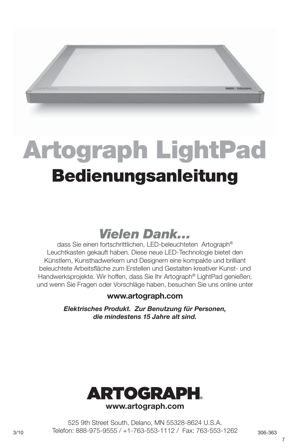 Artograph lightpad, Bedienungsanleitung, Vielen dank | Artograph LightPad Series Light Boxes User Manual | Page 7 / 12