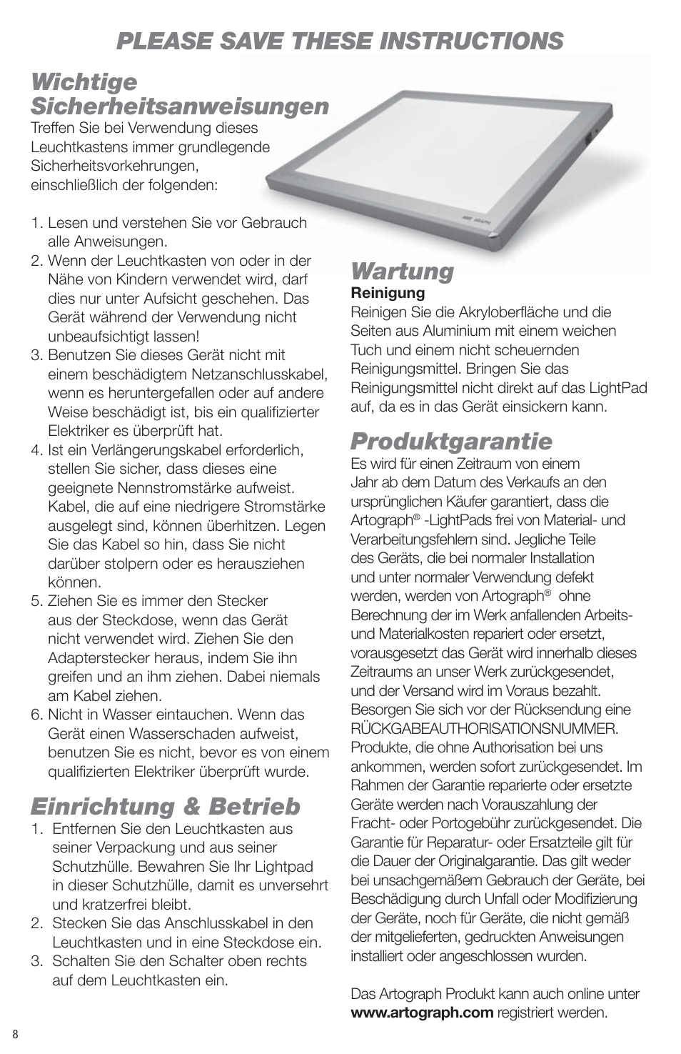 Please save these instructions, Wichtige sicherheitsanweisungen, Einrichtung & betrieb | Wartung, Produktgarantie, Isungen | Artograph LightPad Series Light Boxes User Manual | Page 8 / 12