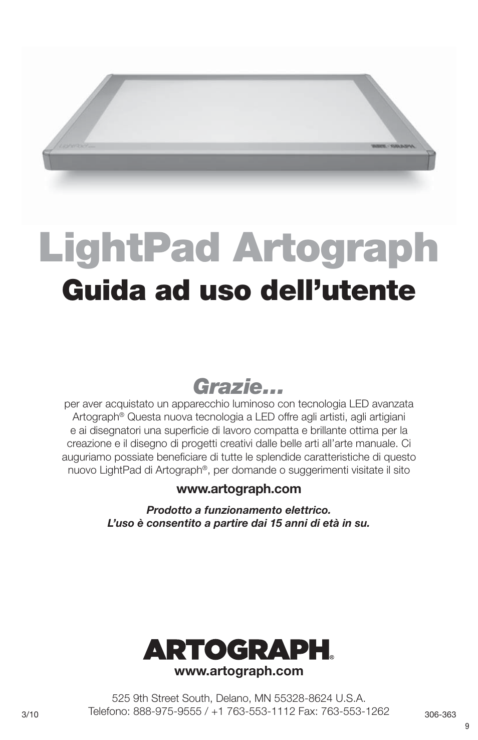 Lightpad artograph, Guida ad uso dell’utente, Grazie | Artograph LightPad Series Light Boxes User Manual | Page 9 / 12