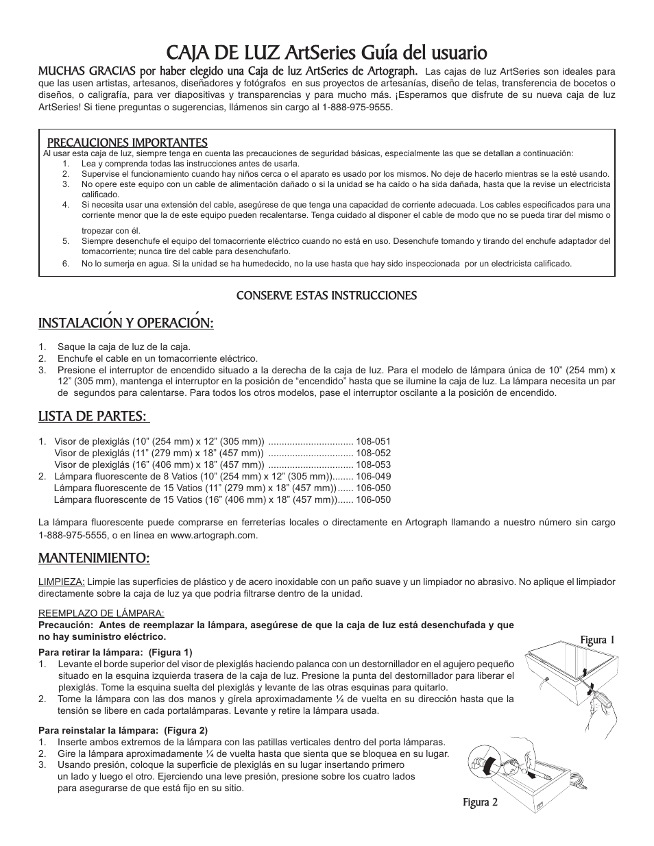Caja de luz artseries guía del usuario, Instalación y operación, Lista de partes | Mantenimiento | Artograph ArtSeries Light Boxes User Manual | Page 3 / 4