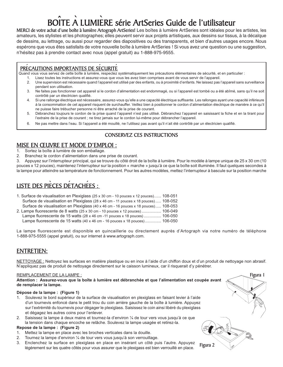 Mise en œuvre et mode d’emploi, Liste des pièces détachées, Entretien | Précautions importantes de sécurité, Conservez ces instructions | Artograph ArtSeries Light Boxes User Manual | Page 4 / 4