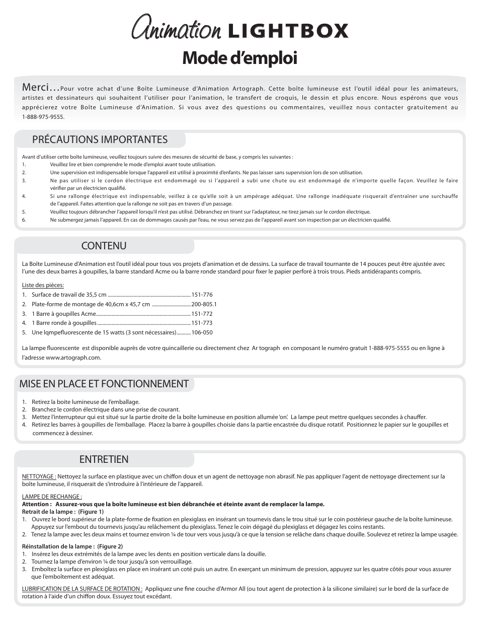 Animation, Lightbox, Mode d’emploi | Merci, Contenu, Précautions importantes, Mise en place et fonctionnement, Entretien | Artograph Animation Light Box User Manual | Page 3 / 4