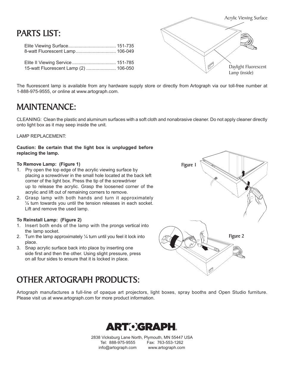 Parts list, Maintenance, Other artograph products | Artograph Light Tracer Elite Light Box User Manual | Page 2 / 4